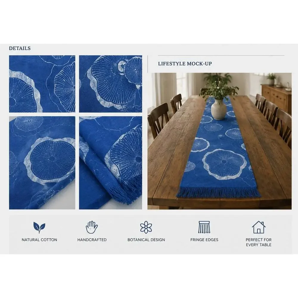 Handmade Cotton Table Runner | Indigo Batik | Lotus Decor | Botanical Dining